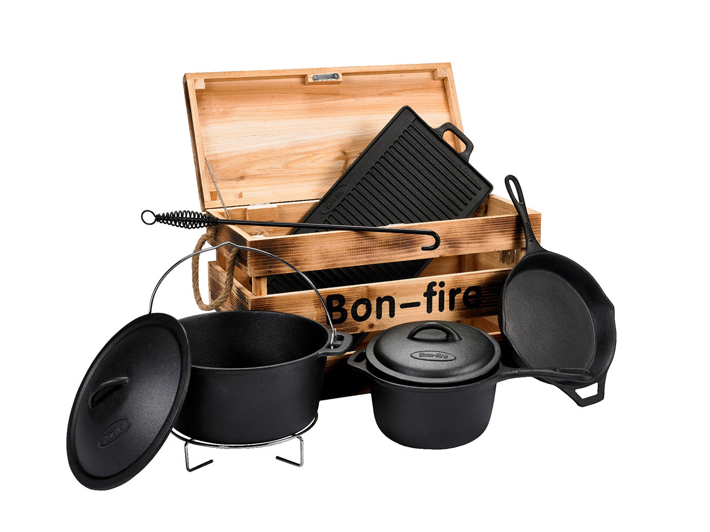 BON-FIRE | KOOKSET IN HOUTEN BOX | GIETIJZER
